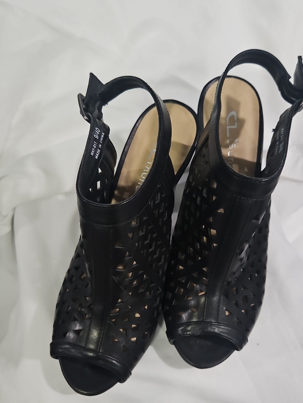 CL by Laundry Black Laser-Cut Peep-Toe Slingback Heels